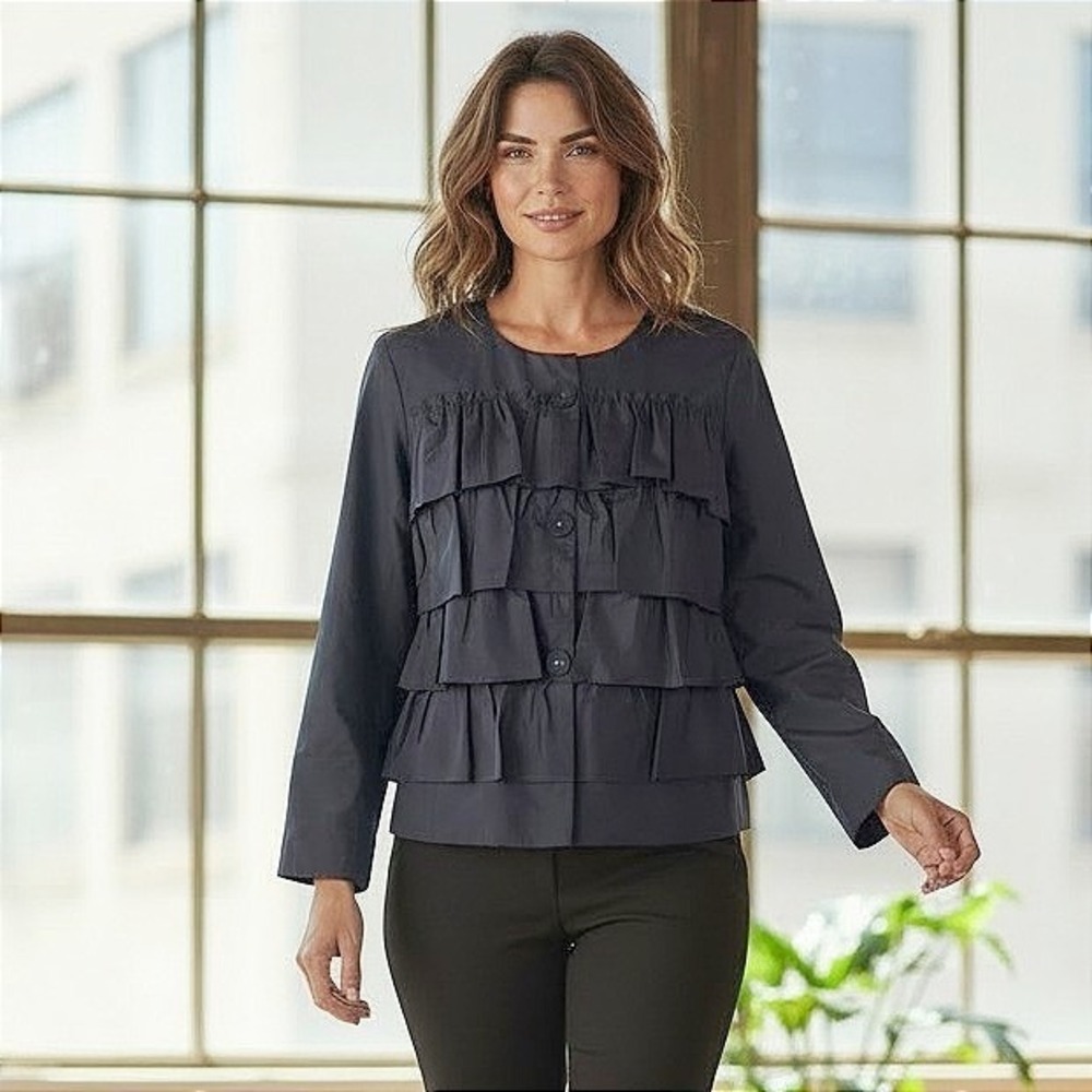 J Crew 100% Silk Taffeta Jacket Tiered Ruffle Navy Blue Regency Old Money - 10